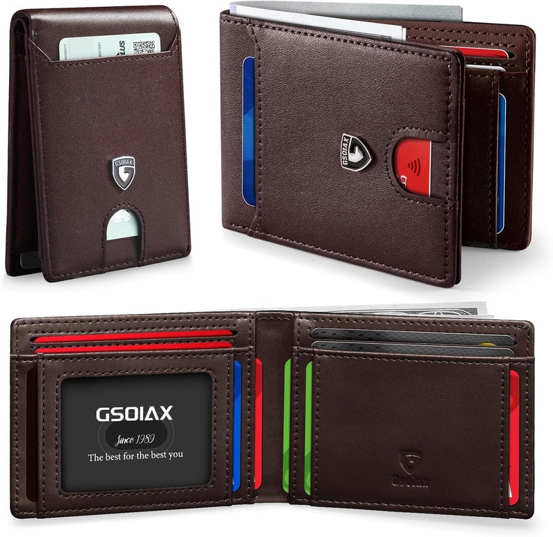 GSOIAX Slim Wallet for Men RFID Blocking Bifold Wallet Carbon Fiber Front Pocket Wallet with 11 Card Holder Minimalist Mens Wallet with Gift Box(Leather Coffee) - Image 1